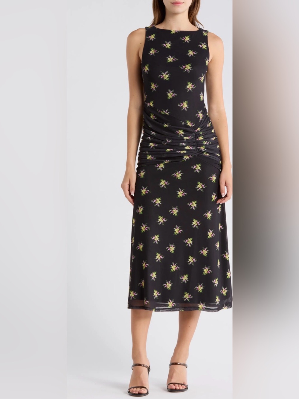 AFRM Anthropologie Loren Floral Ruched Midi Dress Black M NWT